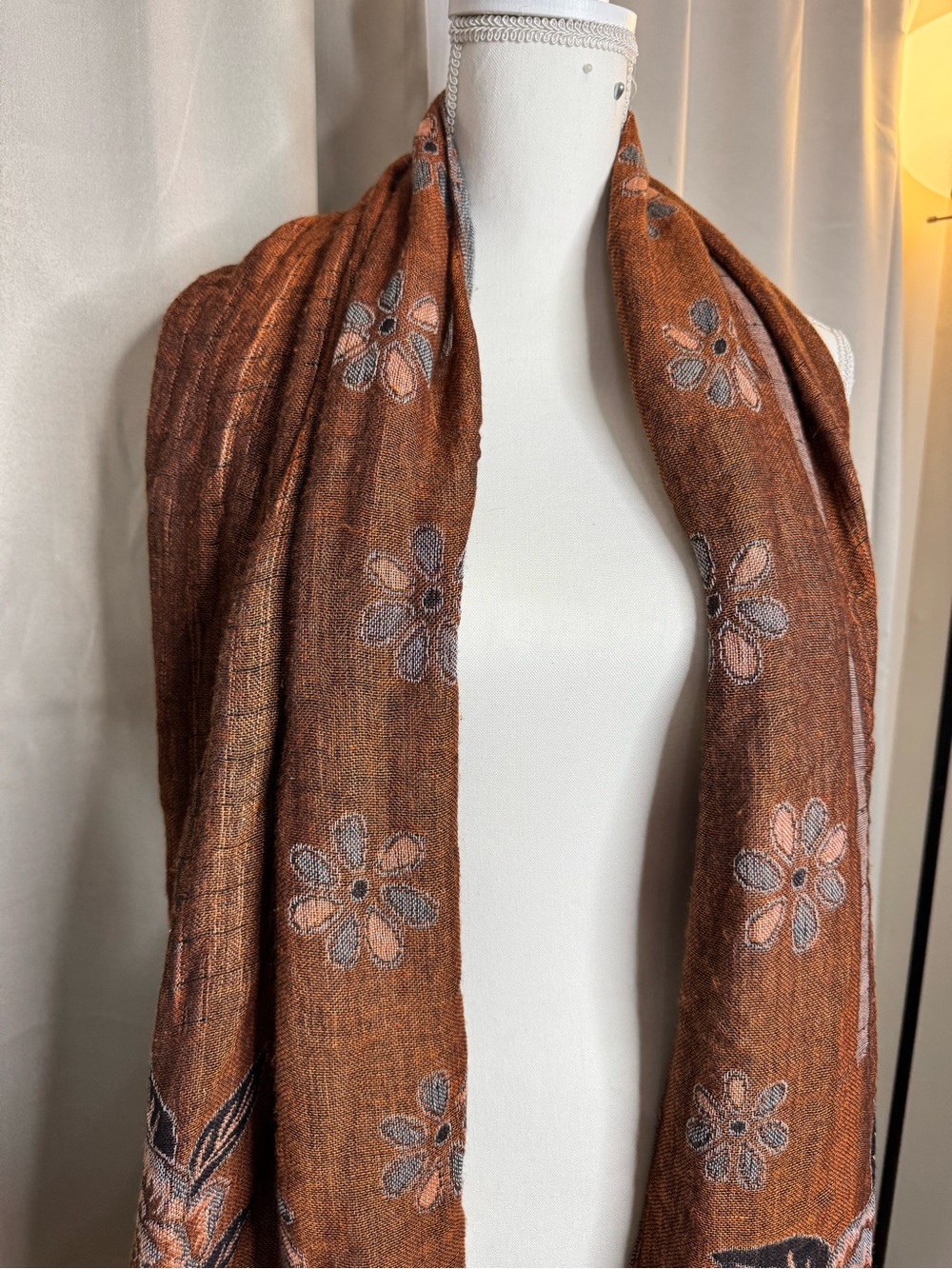Reversible Floral Fringe Scarf Brown Gray Wrap Shawl 28x72 Boho - Picture 8 of 12